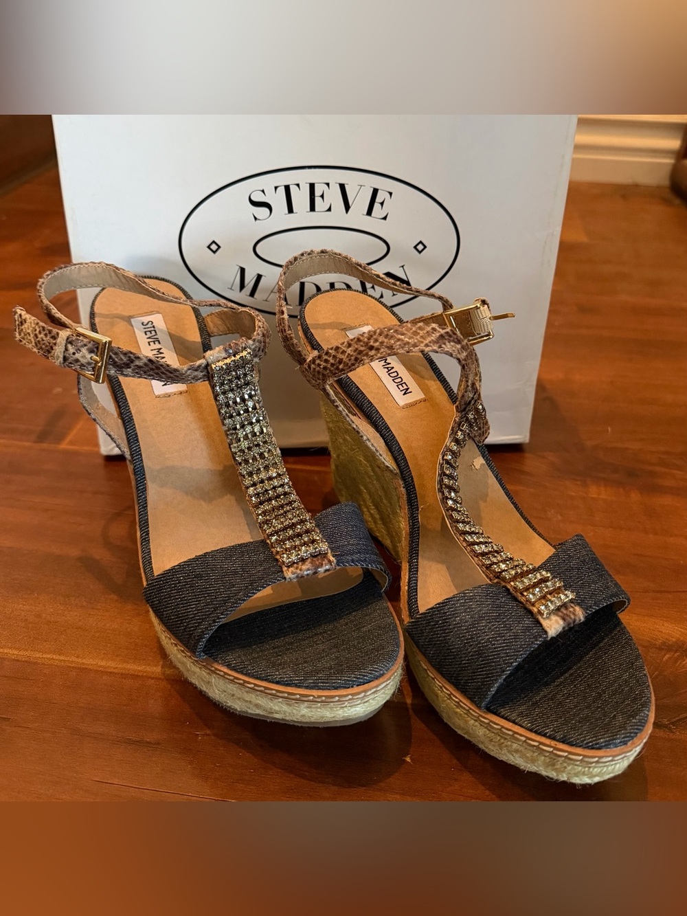 Steve Madden Blue Denim & rhinestone T-Strap Wedge Sandals